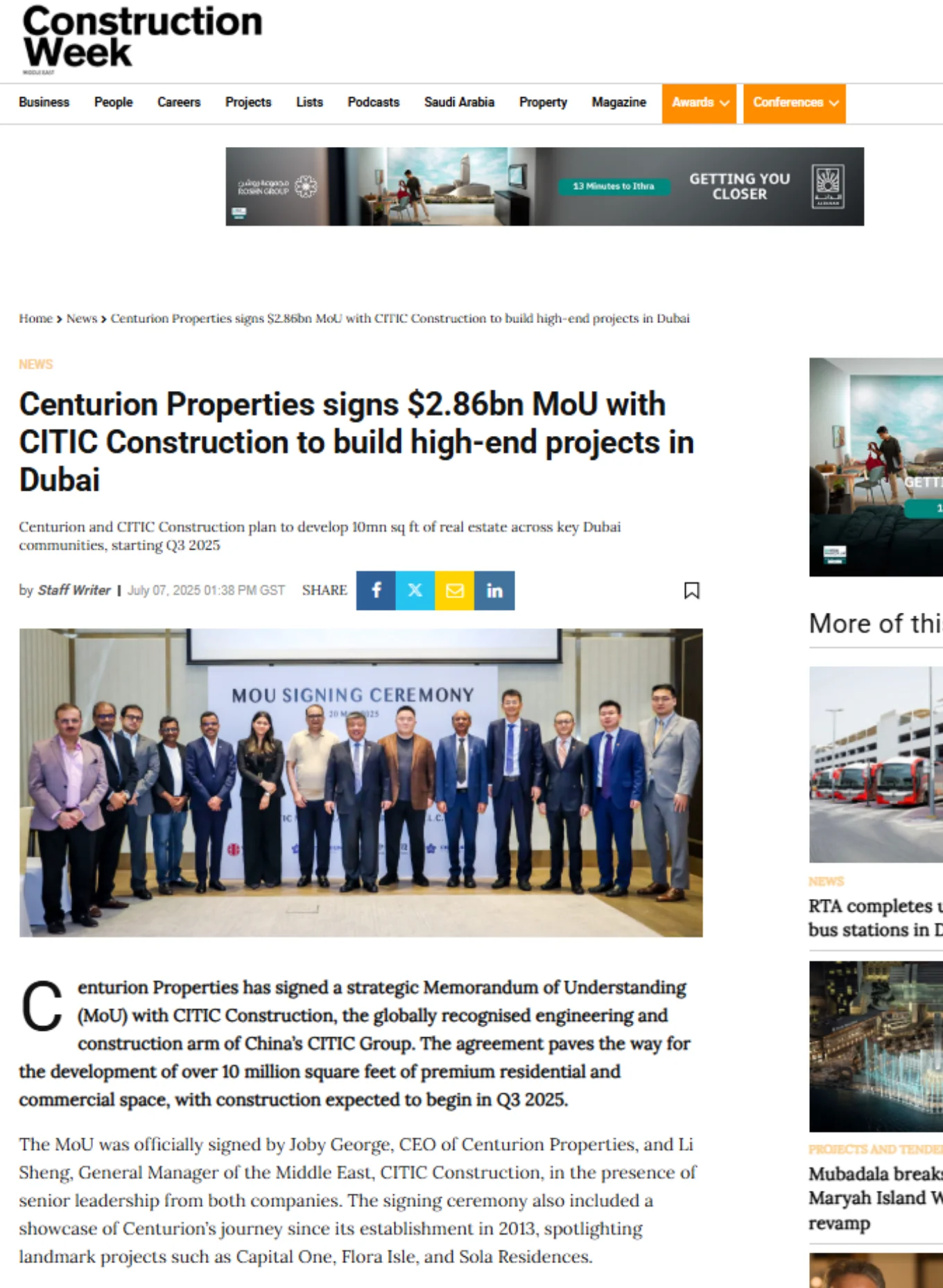 Construction Week coverage of Centurion Properties' Dubai development agreement